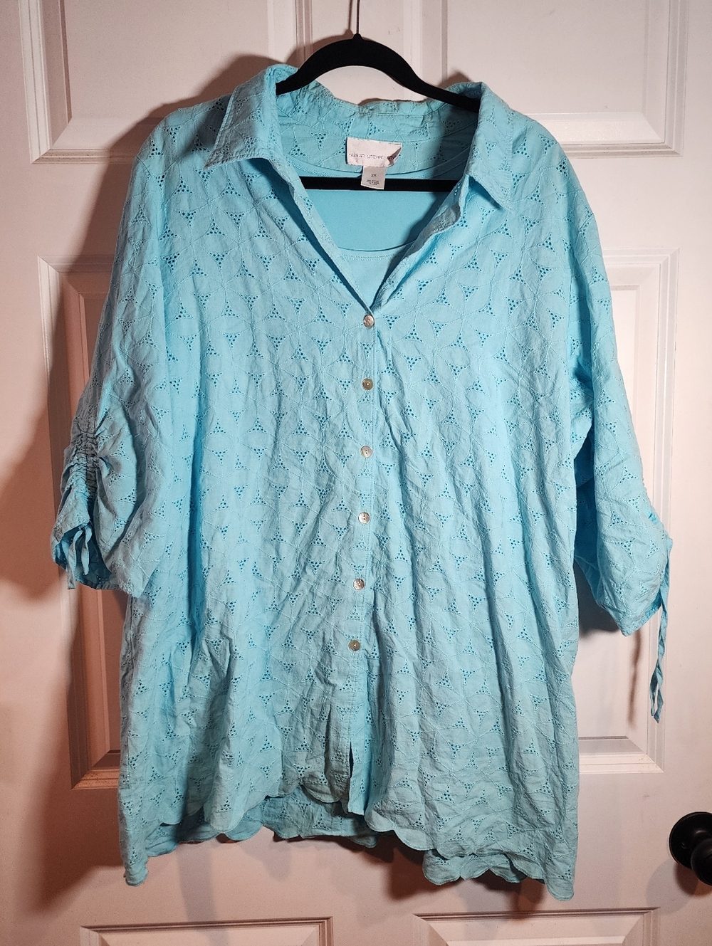 Susan Graver Light Blue Women's Eyelet Button-Front Top Under Tank Included 2X